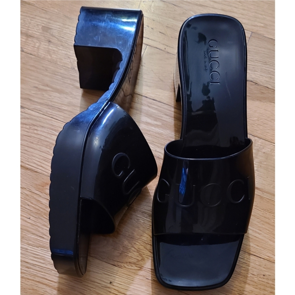 GUCCI Plastique Logo Rubber Heeled Mule Sandals Black Resortwear Minimalist US 8 - Picture 5 of 16